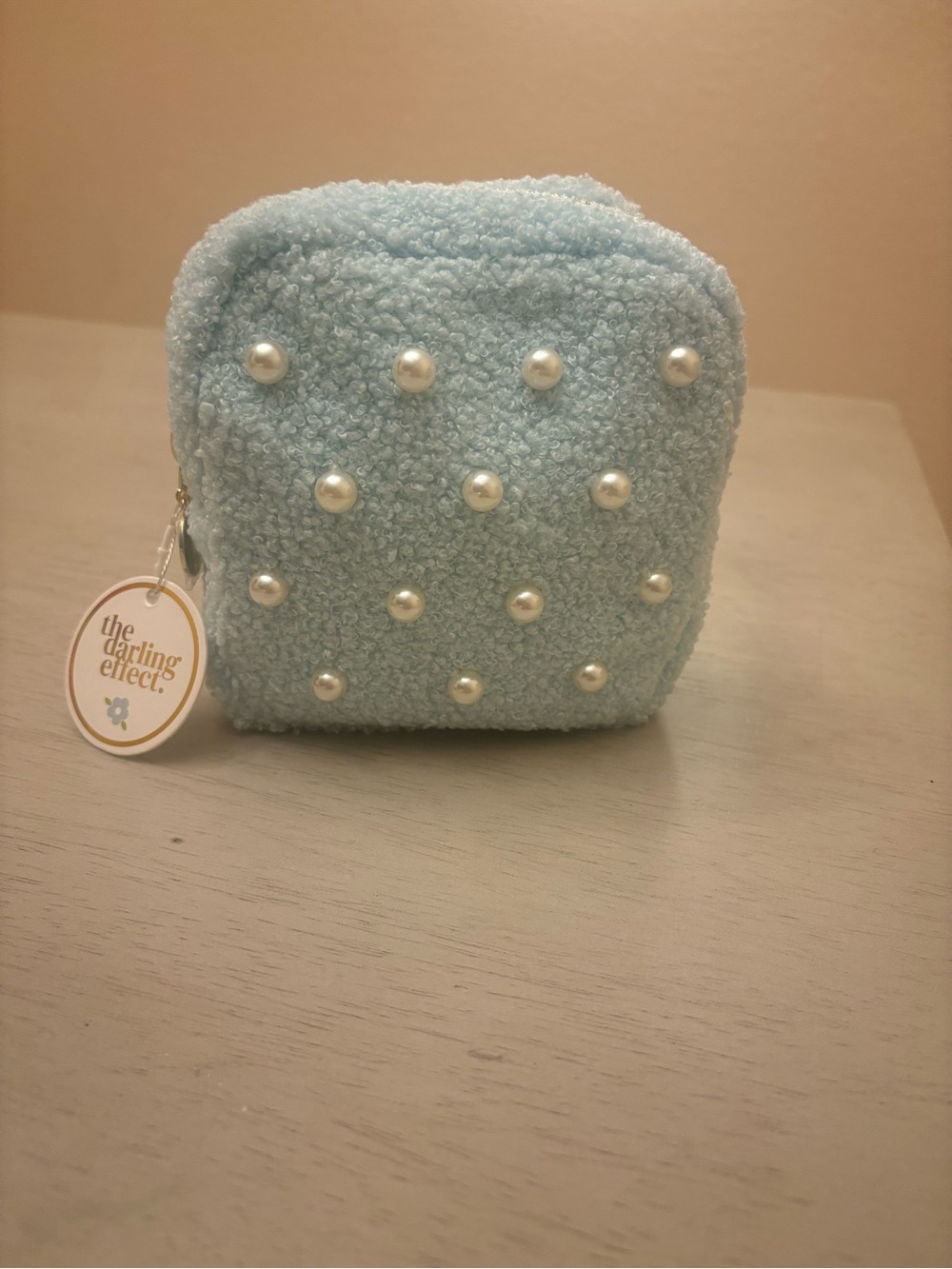 Light Blue Faux Shearling Pearl Accent Pouch NWT #1